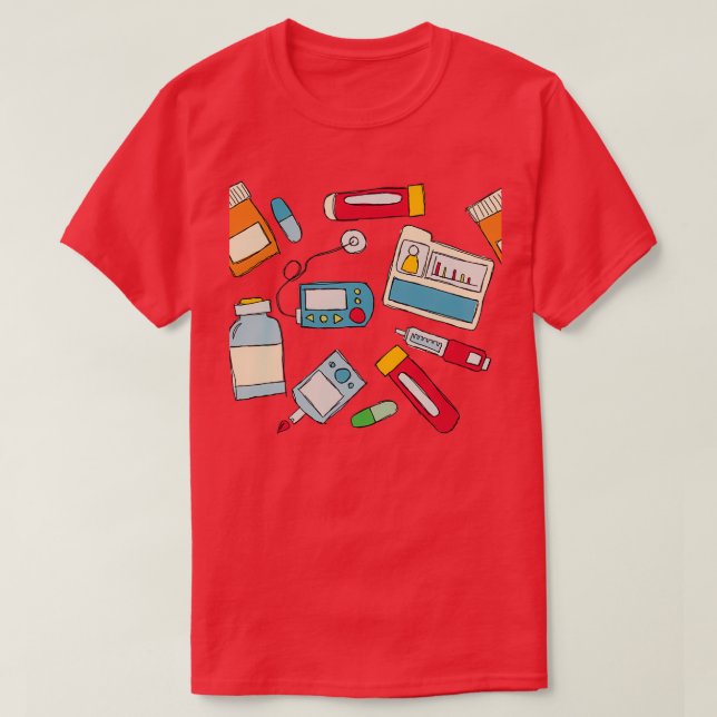 Diabetes-Pumpe und Injektionsdoodles T-Shirt (Design vorne)