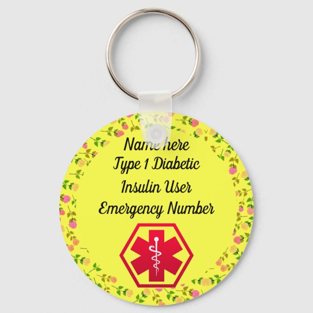 Diabetische Warnhinweise Personalisiert Typ 1 oder Schlüsselanhänger (Vorderseite)
