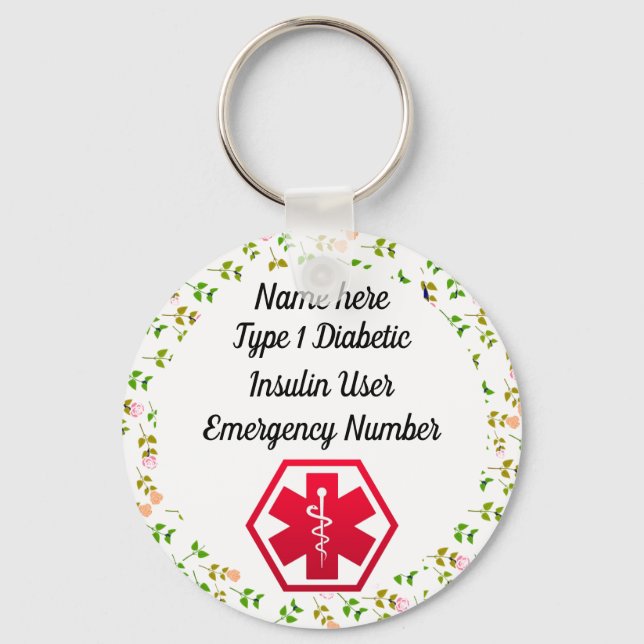 Diabetische Warnhinweise Personalisiert Typ 1 oder Schlüsselanhänger (Vorderseite)