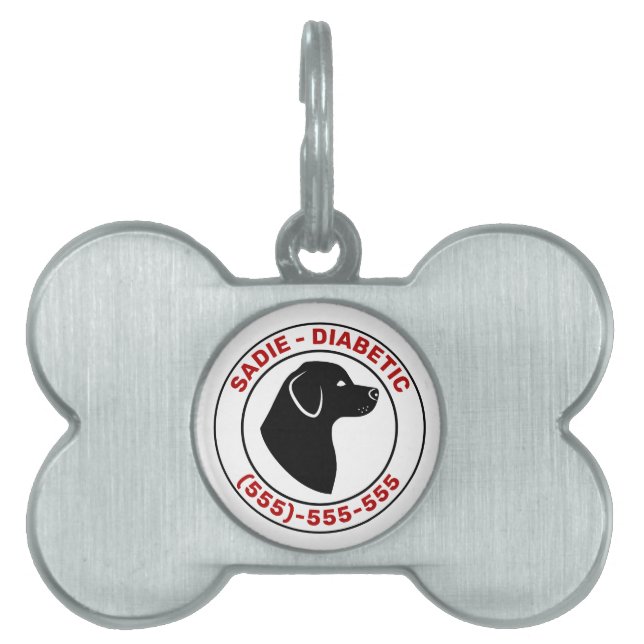 Diabetischer Hund in rotem Text mit schwarzer Silh Tiermarke (Vorderseite)