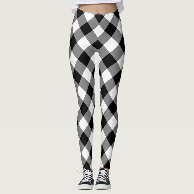 Diagonal-Gingham-Karo in Schwarz und Weiß Leggings (Vorderseite)