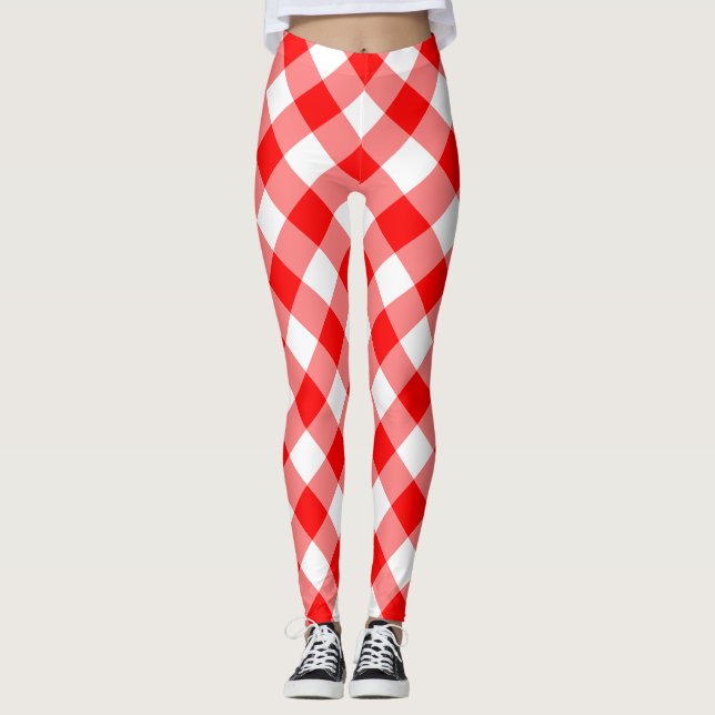 Diagonal-Gingham-Karo, rot und weiß, groß Leggings (Vorderseite)