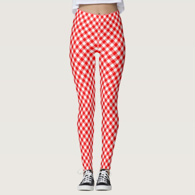 Diagonal-Gingham-Karo, rot und weiß, klein Leggings (Vorderseite)