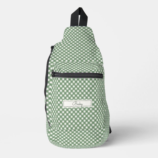 Diagonal Gingham Muster grün mit Namen Crossbody Bag (Vorderseite)