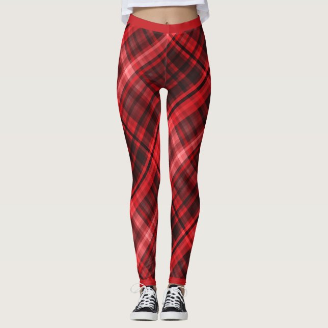 Diagonal Madras Muster rot und schwarz Leggings (Vorderseite)