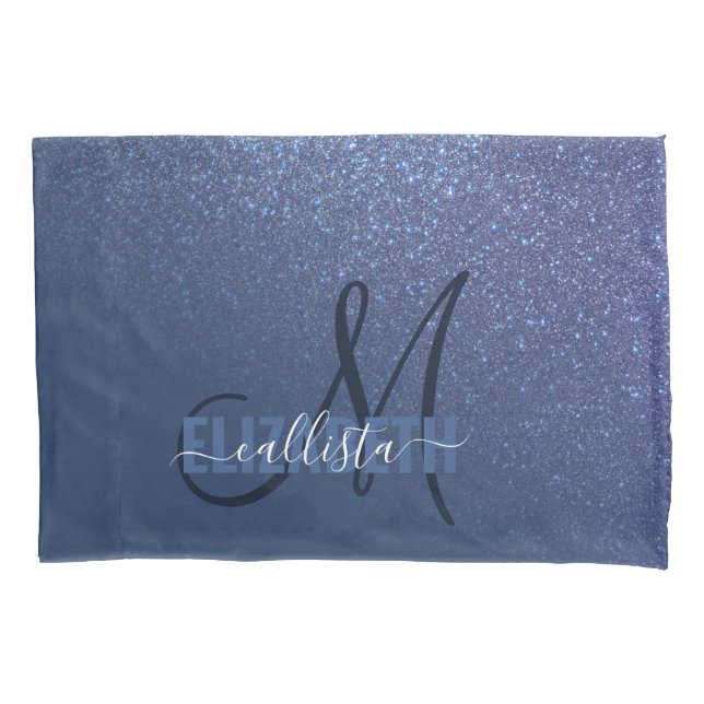 Diagonal Navy Blue Glitzer Gradient Ombre Monogram Kissenbezug (Vorderseite)