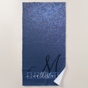 Diagonal Navy Blue Glitzer Gradient Ombre Monogram Strandtuch