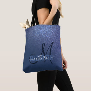 Diagonal Navy Blue Glitzer Gradient Ombre Monogram Tasche