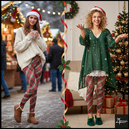 Diagonal Red Black Green Plaid Fabric Leggings