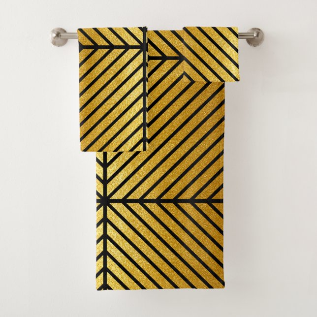 Diagonal Schwarz Streifen Gold Blätter Textur Bath Badhandtuch Set (Insitu)