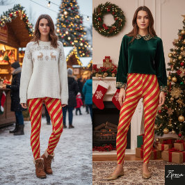 Diagonal Stripe Red Gold Metallic Glossy Leggings