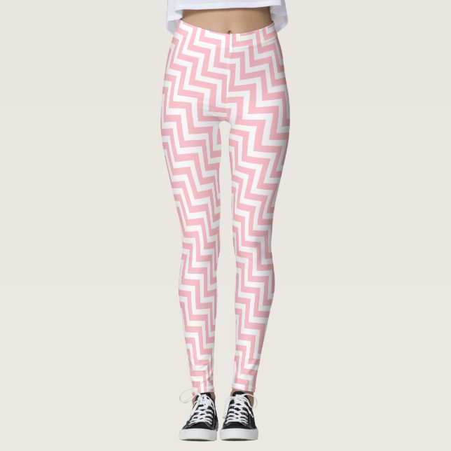 Diagonal Zickzack, rosa und weiß Leggings (Vorderseite)