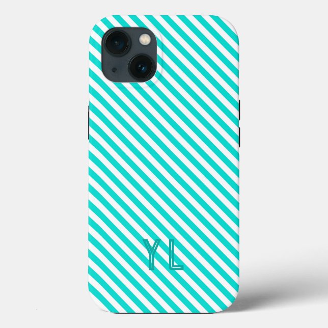 Diagonale Neonblau-weiße Streifen Initialen Case-Mate iPhone Hülle (Rückseite)