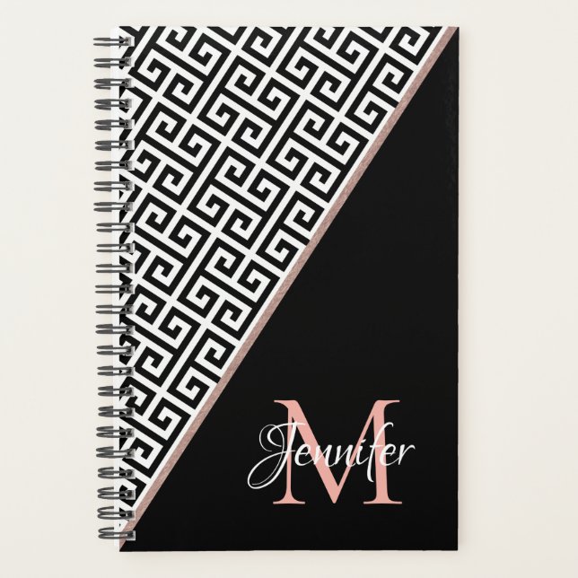 Diagonale Rose Gold Foil Griechisch Key Black Mono Planer (Vorderseite)