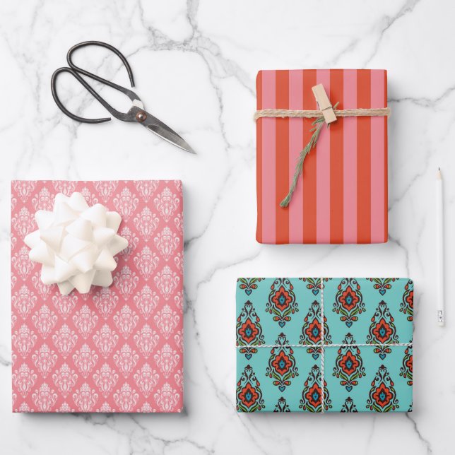 Diagonale Streifen und Damaskumpapier-Set Geschenkpapier Set (Vorderseite)