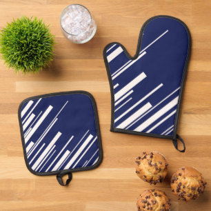 Diagonalen - Blau und Weiß Ofenhandschuh & Topflappen-Set