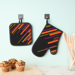 Diagonalen - Schwarz, Pink, Orange und Gelb Ofenhandschuh & Topflappen-Set