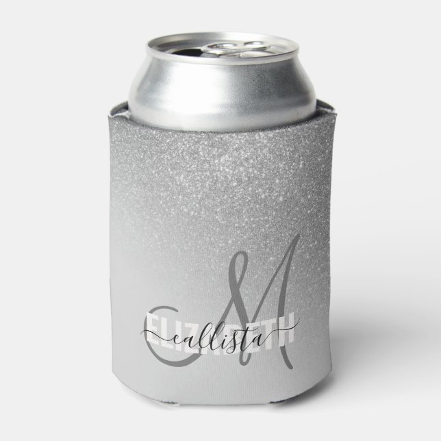Diagonaler Silber Glitzer Gradient Ombre Monogramm Dosenkühler (Kanne Vorderseite)