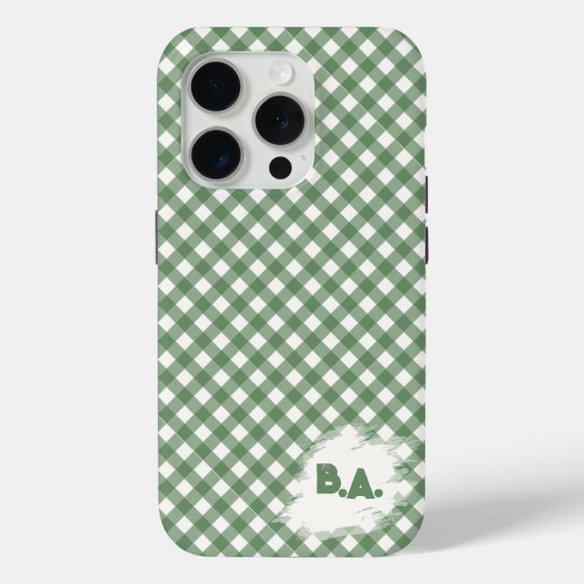 Diagonales Gingham-Muster in Grün mit Initialen Case-Mate iPhone Hülle (Rückseite)