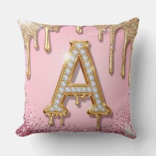 Diamant A Pink Glitter Gold Rahmen Monogramm Kissen