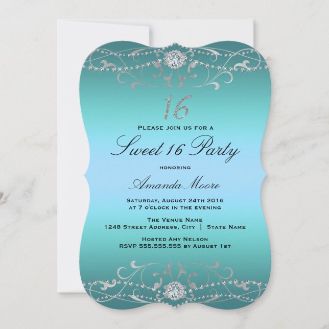 Diamant bleu Damask Sweet 16 Invitation (Devant)