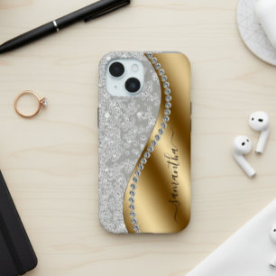 Diamant-Bling-Gold-Metall personalisierte Schrift iPhone 15 Hülle