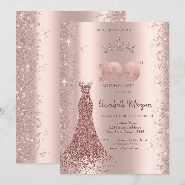 Diamant Dress Rose Gold Glitzer Staub 100. Einladung (Vorne/Hinten)