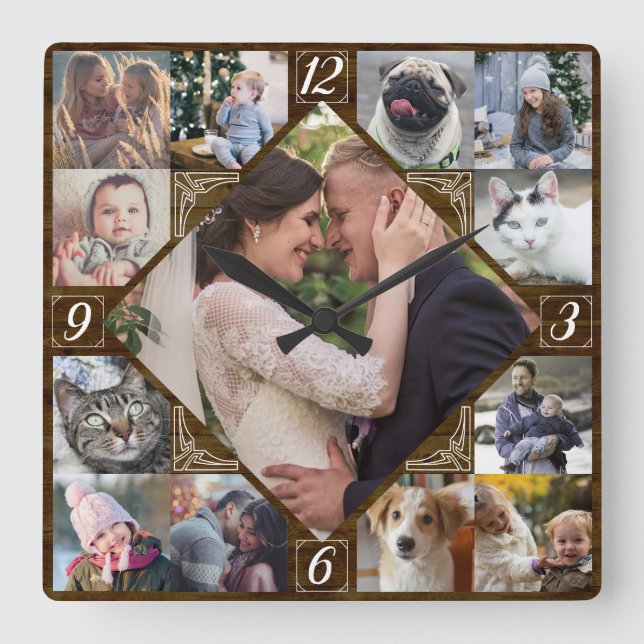 Diamant geformtes Familienfoto Collage Rustikales  Quadratische Wanduhr (Vorderseite)