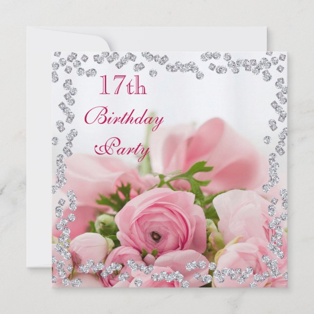 Diamant Gerahmter Bouquet aus rosa Rosen 17. Gebur Einladung (Vorderseite)