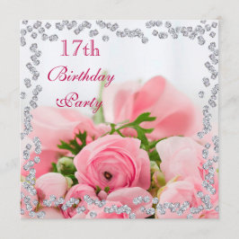 Diamant Gerahmter Bouquet aus rosa Rosen 17. Gebur Einladung