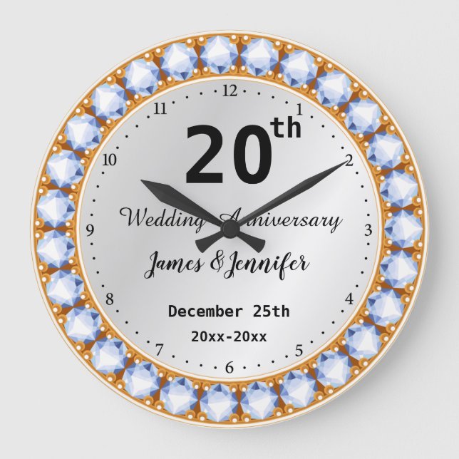 Diamant-Individuelle Name zum 20. Hochzeitstag Große Wanduhr (Vorderseite)