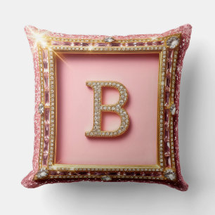 Diamant Initial B Pink Glitter Gold Rahmen Monogra Kissen