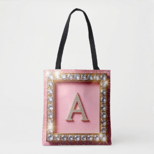 Diamant Initiale A Goldrahmen Pink Glitter Monogra Tasche
