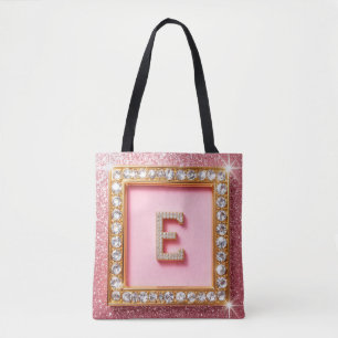 Diamant Initiale E Goldrahmen Pink Glitter Monogra Tasche