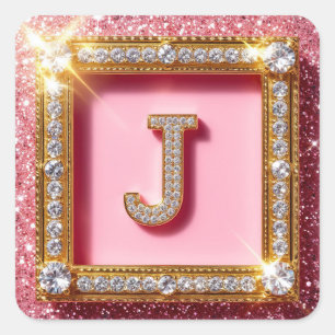Diamant Initiale J Pink Glitter Gold Rahmen Monogr Quadratischer Aufkleber