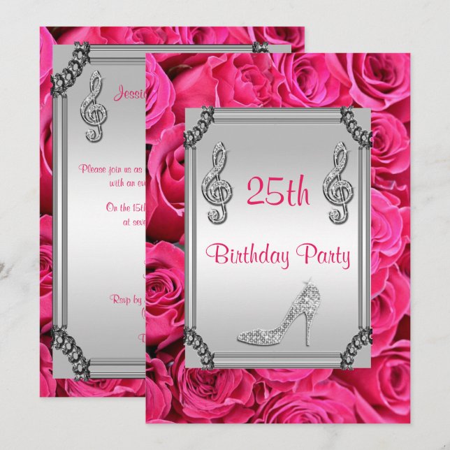 Diamant Musiknote, Stiletto & Pink Roses 25. Einladung (Vorne/Hinten)