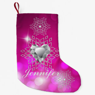 Diamant-Schneeflocken u. Herz Fuschia Bokeh Kleiner Weihnachtsstrumpf