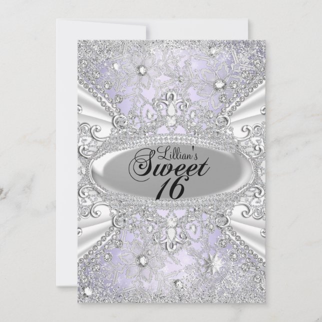 Diamant Snowflake Lila Winter Wonderland Sweet16 Einladung (Vorderseite)