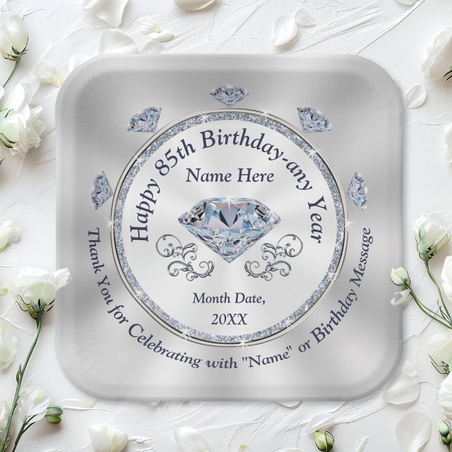 Diamant Thema, 85. Geburtstagsplatten, Personalisi Pappteller (85th birthday plates. Diamond paper plates in 2 sizes and 2 shapes. 85th birthday party ideas, mom.)