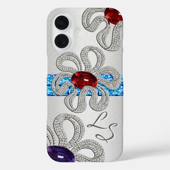 Diamant- und Gem-umkruste Blume (Mit Monogramm) iPhone 16 Hülle (Rückseite)