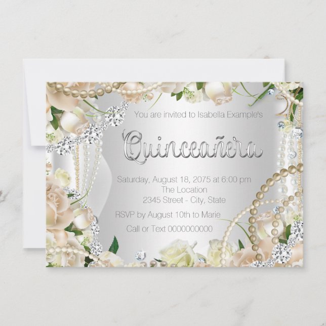 Diamant und Pearl Rose Quinceanera Einladung (Vorderseite)