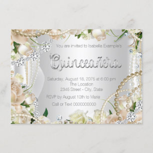 Diamant-und Perlen-Rose Quinceanera Einladung