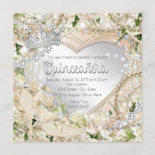 Diamant-und Perlen-weiße Rose Quinceanera Einladung
