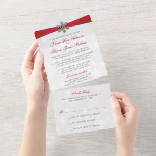 Diamante-Schneeflocke & Rotes Band Winterhochzeit All In One Einladung