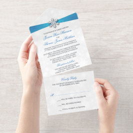 Diamante Snowflake & Blue Ribbon Winter Wedding All-in-One-Einladung