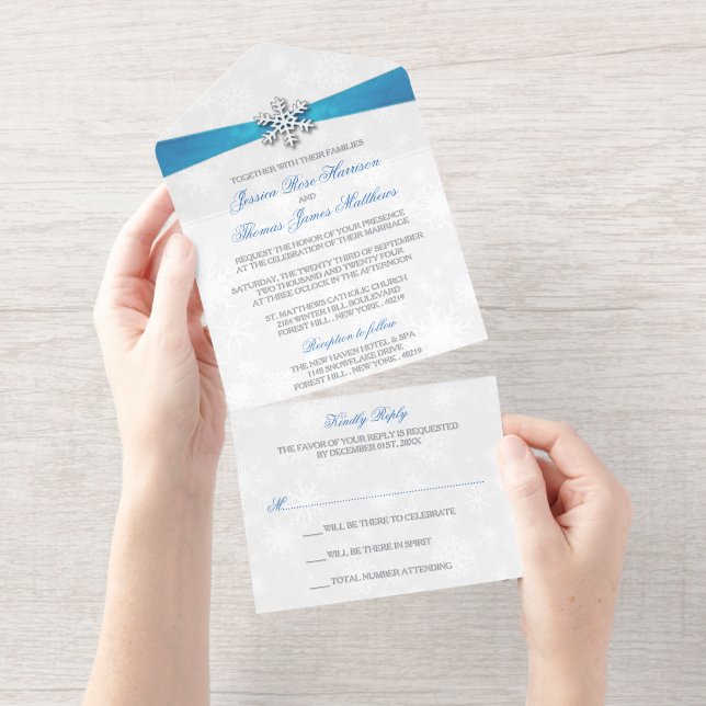 Diamante Snowflake & Blue Ribbon Winter Wedding All-in-One-Einladung (Abreißstreifen)