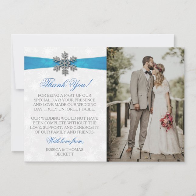 Diamante Snowflake & Blue Ribbon Winter Wedding Dankeskarte (Vorderseite)