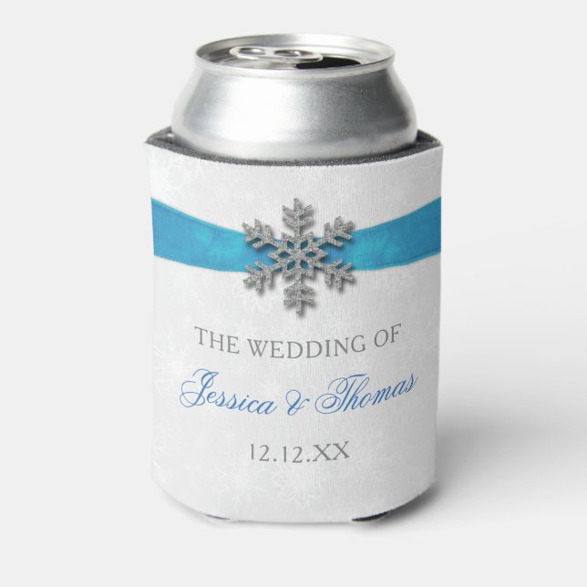 Diamante Snowflake & Blue Ribbon Winter Wedding Dosenkühler (Kanne Rückseite)