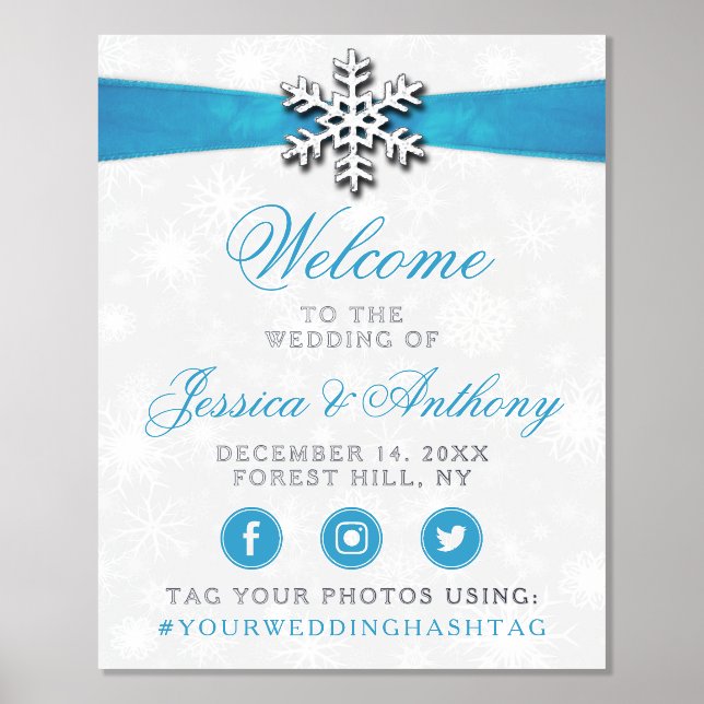Diamante Snowflake & Blue Ribbon Winter Wedding Foliendrucke (Vorderseite)