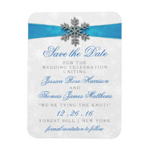 Diamante Snowflake & Blue Ribbon Winter Wedding Magnet